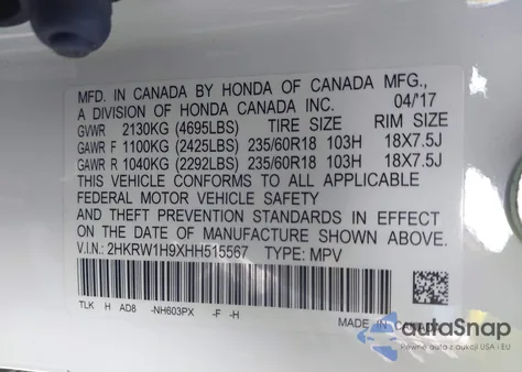 2017 Honda Cr-V Touring z USA, uszkodzony, nr VIN 2HKRW1H9XHH515567